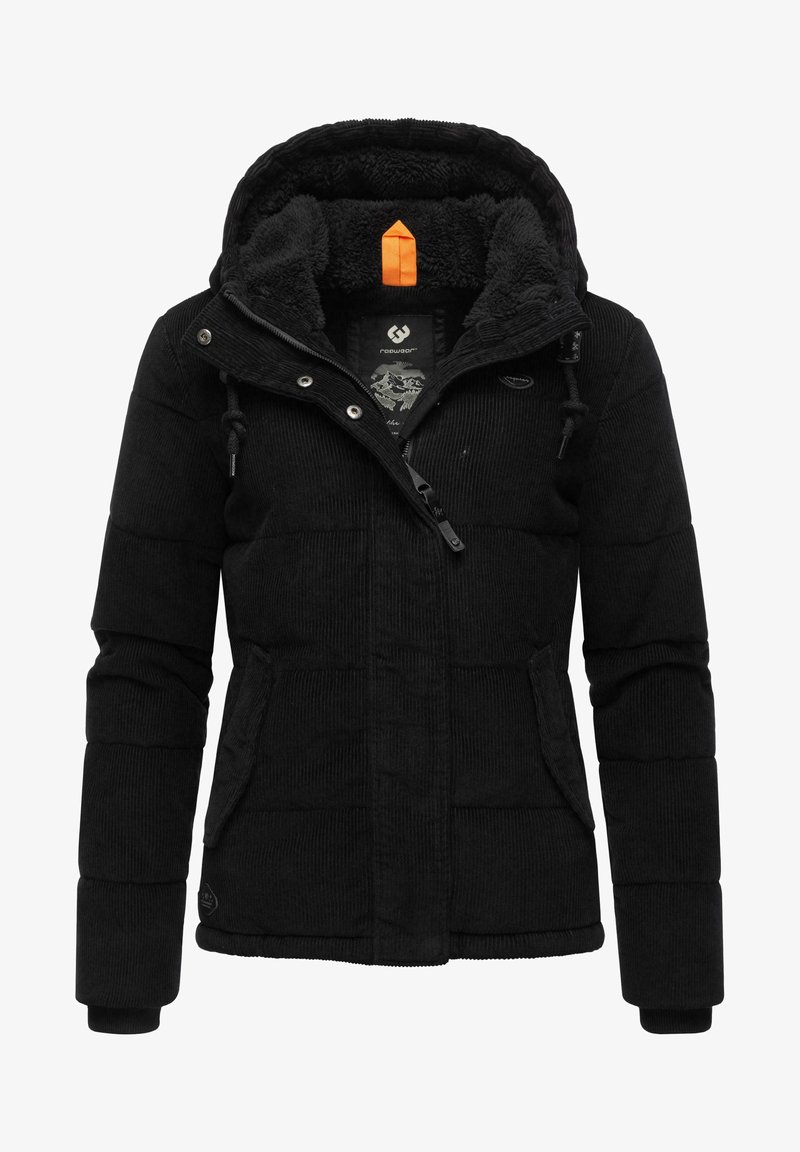Svart kordfløyeljakke med fleece-fôr i huven, med en oransje drareim, frontglidelås og side lommer. Strukturert, quiltet design.