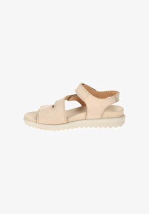 Sandalo beige con punta aperta, cinturini regolabili, soletta imbottita e suola texturizzata per comfort e sostegno.