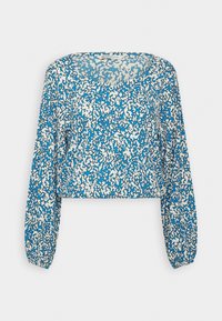 Top corto a maniche lunghe blu e bianco con motivo, caratterizzato da un collo quadrato e un tessuto texturizzato e fluido.
