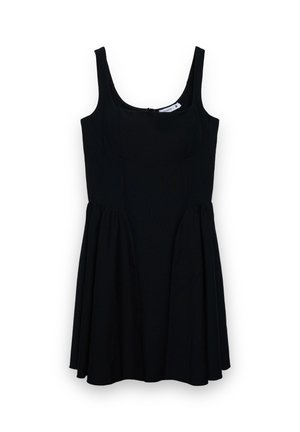 Czarna sukienka bez rękawów z dopasowanym gorsetem i rozkloszowanym dołem, wykonana z gładkiej tkaniny. Posiada dekolt w łódkę i boczne zapięcie na zamek.