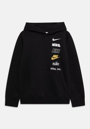 Sort hættebluse med kengurulomme. Har flere Nike-logoer i hvid og gul på fronten. Stofblanding af bomuld, afslappet pasform.