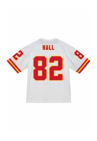 Weißes Sporttrikot mit roten und gelben Akzenten. Auf der Rückseite sind "HALL" und "82" in fettem Rot gedruckt. Kurze Ärmel, Netzstruktur.