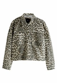 Leopard print denim jacket with a collared neckline, two front pockets, snap closures, and a slightly cropped design in muted tones.