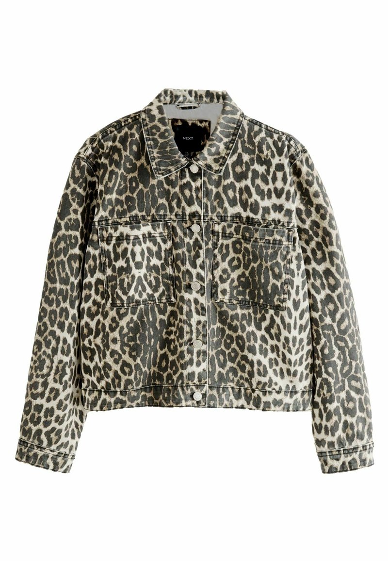 Leopard print denim jacket with a collared neckline, two front pockets, snap closures, and a slightly cropped design in muted tones.