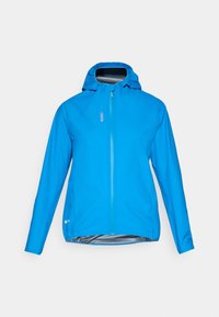 Blue waterproof jacket with a hood, featuring a front zipper, elastic cuffs, and reflective accents. Lightweight, smooth texture.
