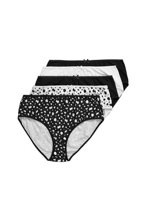 Cinco pares de bragas de algodón para mujer con pequeños lazos, en negro, blanco, con estampado de manchas negras y blancas, y con estampado de manchas blancas y negras.