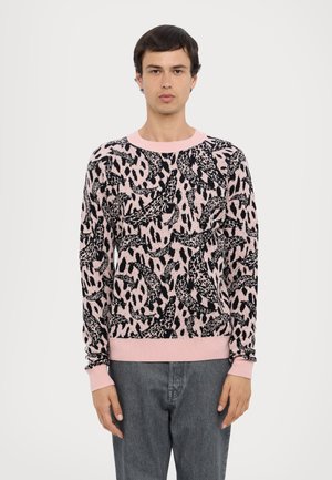 Pink and black patterned sweater with a crew neck, featuring abstract designs, ribbed cuffs, and a slim fit.