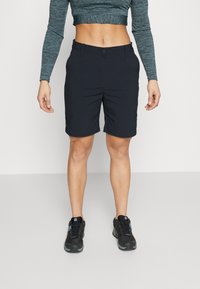 Shorts noirs en matériau léger avec une coupe ajustée, présentant des poches avant, une fermeture à bouton et une texture lisse.