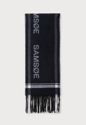 Black and grey rectangular scarf with fringed ends and the word "SAMSOE" woven vertically along its length.