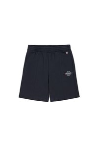 Pantalones cortos atléticos negros con una cintura elástica, que presentan dos pliegues laterales y un logotipo circular en el muslo izquierdo en colores contrastantes.
