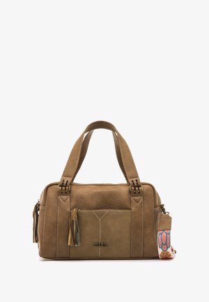 Braune Lederhandtasche mit strukturierter Oberfläche, zwei Griffen, einer Fronttasche mit Quasten und einem bestickten, abnehmbaren Riemen.