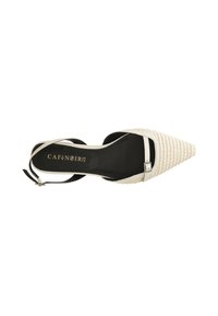 Scarpa con punta a contrasto e slingback realizzata in materiale intrecciato bianco con interno nero. Presenta una sottile fascetta nera e un dettaglio in fibbia argentata.