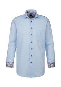 Camicia a maniche lunghe azzurro chiaro, in cotone, con chiusura a bottoni sul davanti, taschino singolo sul petto, polsi e bordo del collo con motivo floreale.