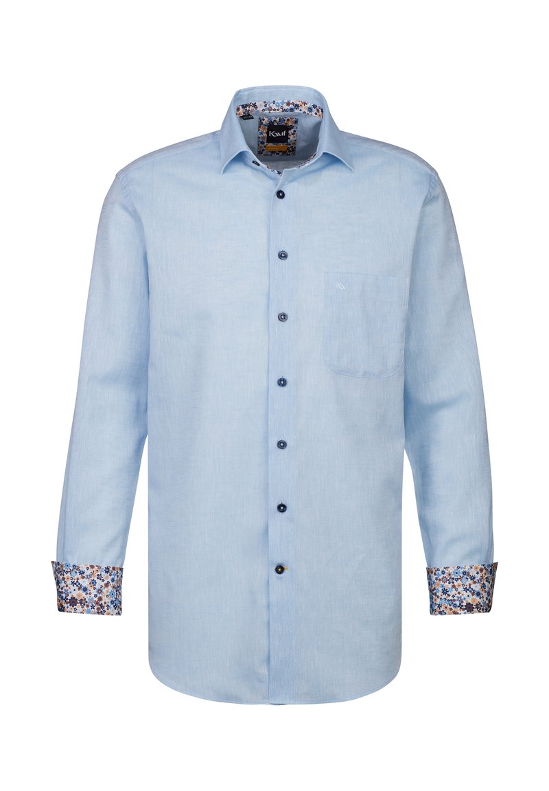 Camicia a maniche lunghe azzurro chiaro, in cotone, con chiusura a bottoni sul davanti, taschino singolo sul petto, polsi e bordo del collo con motivo floreale.