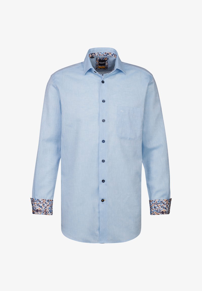 Camicia a maniche lunghe azzurro chiaro, in cotone, con chiusura a bottoni sul davanti, taschino singolo sul petto, polsi e bordo del collo con motivo floreale.