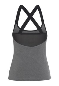 Gray tank top with a fitted design, featuring a black mesh panel and crisscross straps in black. Smooth texture with minimal seams.