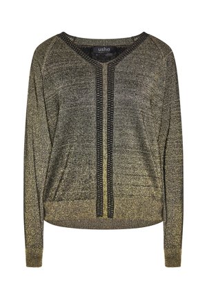 Gebreide trui met lange mouwen in metallic olijfgroen met zwarte verticale strepen en geribbelde boorden en zoom, maat small.