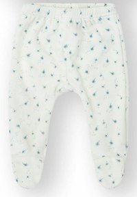 Pantalones para bebé color crema claro con cintura elástica, con estampado de dientes de león en azul, tela suave y diseño con pies cerrados.