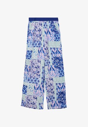 Weite Stoffhosen mit einem navyfarbenen elastischen Bund, versehen mit einem Patchwork-Design in blauen, lavendelfarbenen und minzfarbenen Mustern mit floralen Akzenten.