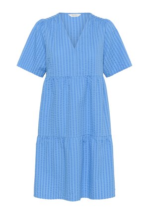 Blaues, strukturiertes Kleid mit V-Ausschnitt, kurzen Ärmeln und einem gestuften Rock mit horizontalen Streifen. Hergestellt aus leichtem Material.