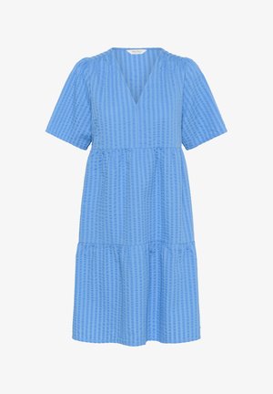 Blaues, strukturiertes Kleid mit V-Ausschnitt, kurzen Ärmeln und einem gestuften Rock mit horizontalen Streifen. Hergestellt aus leichtem Material.