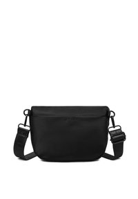 Černá crossbody taška vyrobená z hladké tkaniny, s uzavřením na zip, nastavitelného popruhu a minimalistickým designem bez viditelného kování.