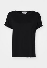 Black short-sleeve t-shirt made of soft fabric, featuring a round neckline and a relaxed fit, with stitched hem detailing.