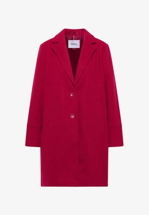Červený vlněný kabát s klopovými límci, dvěma knoflíky, bočními kapsami a volným střihem. Podšívka z koordinační látky.