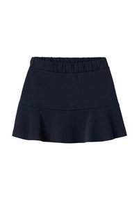 Gonna a campana blu navy con vita elasticizzata e texture arricciata sulla parte superiore. Tessuto morbido e balza a strati all'orlo.