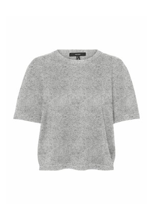 Haut gris à manches courtes en matériau doux, avec un col rond et une coupe décontractée. Texture lisse avec des détails minimaux.