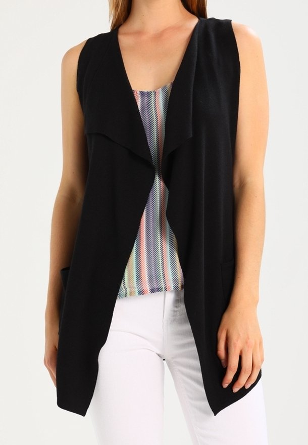 Black sleeveless cardigan with an open front design, featuring a soft texture and draped look, paired with a colorful striped top underneath.