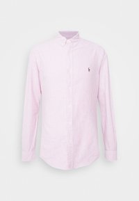 Långärmad, ljusrosa skjorta med knappar som har horisontella vita ränder och en liten broderad logotyp på bröstet. Tillverkad av bomull.