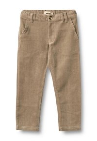 Beige manchesterbukser med blød tekstur, slank pasform, falske forlommer foran og knaplukning ved taljen.