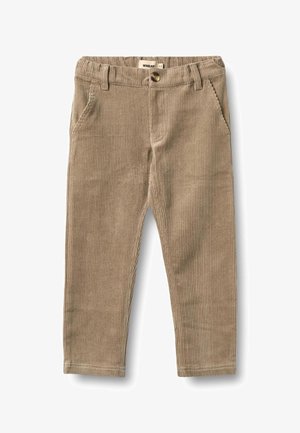 Bézs kordbársony nadrág, puha tapintású, karcsúsított szabású, álpántos elejű zsebekkel és gombos derékzárral.