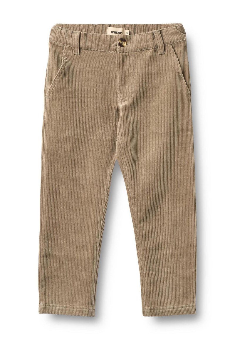 Beige manchesterbukser med blød tekstur, slank pasform, falske forlommer foran og knaplukning ved taljen.