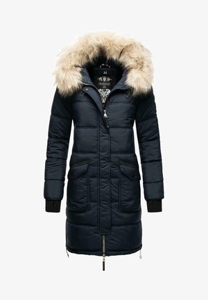 Manteau d'hiver long bleu marine avec coutures matelassées, large capuche bordée de fourrure, fermeture éclair avant et poches à rabat.