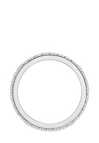 Srebrna pierścionek z cienką obrączką, wzdłuż zewnętrznej krawędzi osadzone są małe, jasnoniebieskie kamienie. Gładka, wypolerowana powierzchnia o zaokrąglonym kształcie.