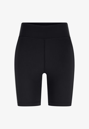 Pantaloncini sportivi neri a vita alta, lunghezza al ginocchio, con cuciture flatlock e tessuto liscio ed elastico.