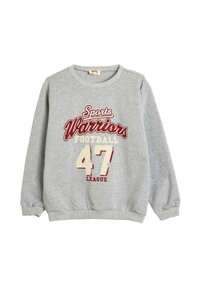 Grijze trui met ribbelhals en boorden. Heeft rode en crèmekleurige grafische tekst: "Sports Warriors Football 47 League." Zachte stoftextuur.