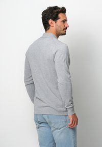 Langärmliges Poloshirt aus hellgrauem Baumwollmix mit klassischem Kragen und gerippten Bündchen, kombiniert mit hellblauen Jeans.