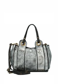 Borsa in pelle con tonalità grigie e nere, dotata di accessori in oro, cuciture rinforzate, doppi manici e tracolla removibile.