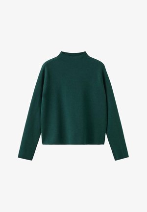 Tamnozeleni pulover sa visokim izrezom, dugim rukavima i opuštenim krojem. Tkanina izgleda meko, glatko i ima minimalne šavove.