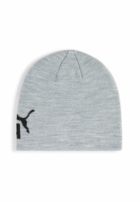 Berretto lavorato a maglia grigio con la parte superiore arrotondata e una trama sottile, caratterizzato da un logo nero su un lato, progettato per offrire calore e comfort.