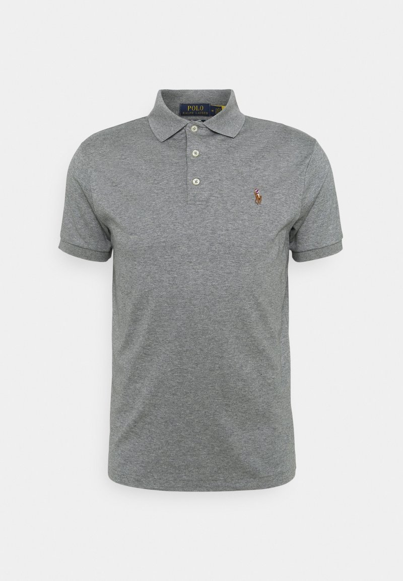 Polo gris à manches courtes avec col, trois boutons et petit logo brodé sur le côté gauche de la poitrine.