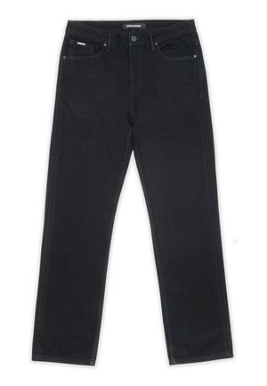 Black straight-leg jeans made of denim. Features five pockets, belt loops, and a logo label near the waistband. Smooth texture, uniform color.