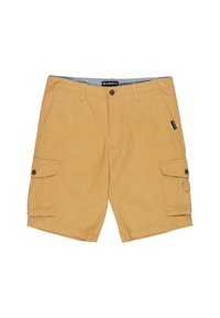 Khaki cargo šortky vyrobené z bavlny. Obsahují dvě boční kapsy a knoflíkové zapínání. Hladká textura se střihy rovného střihu a poutky na opasek.
