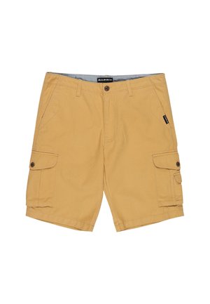 Khaki cargo shorts made from cotton. Includes two side pockets and button closures. Smooth texture with straight cut and belt loops.