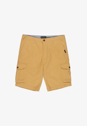 Khaki cargo shorts made from cotton. Includes two side pockets and button closures. Smooth texture with straight cut and belt loops.