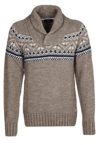Maglione a maglia beige con colletto scialle. Presenta una fascia decorativa in navy e crema attorno al petto. Polsini e orlo a coste.