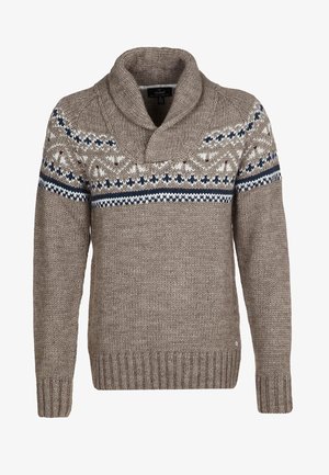 Beżowy sweter z dzianiny z kołnierzem szalowym. Posiada wzorzystą taśmę w granatowym i kremowym kolorze wokół klatki piersiowej. Rybkowane mankiety i dół.